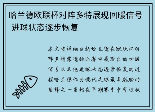 哈兰德欧联杯对阵多特展现回暖信号 进球状态逐步恢复 哈兰德欧联杯对阵多特展现回暖信号 进球状态逐步恢复