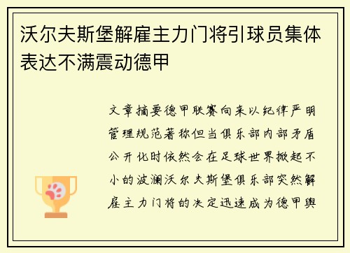 沃尔夫斯堡解雇主力门将引球员集体表达不满震动德甲 沃尔夫斯堡解雇主力门将引球员集体表达不满震动德甲