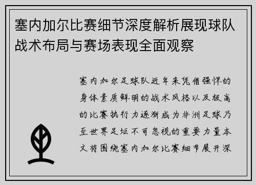 塞内加尔比赛细节深度解析展现球队战术布局与赛场表现全面观察